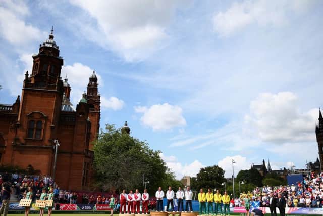 Scotland's bowls team on the top podium at Kelvingrove Lawn Bowls Centre. Picture: Getty Images