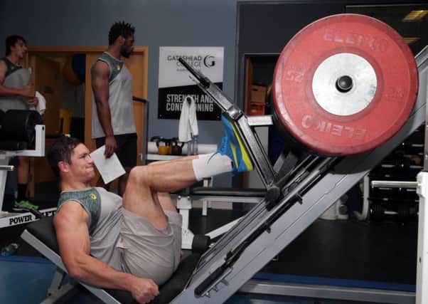 South Africas openside flanker Frans Louw performs a leg press during a team gym session as the Springboks prepare for Saturdays encounter with Scotland. Picture: Getty Images