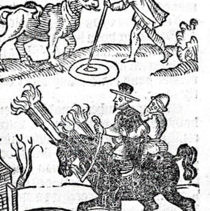 A photograph of a woodcut illustration of John Flan, a schoolmaster of Saltpans one of the best known people convicted at the witch trials of North Berwick in 1590. Flan was burnt to death in Edinburgh Scotland in 1591.