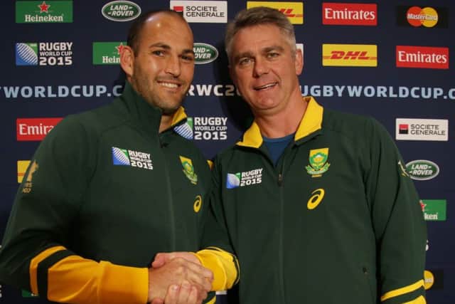 Captain Fourie du Preez and head coach Heyneke Meyer of South Africa in Newcastle yesterday. Picture: Getty Images