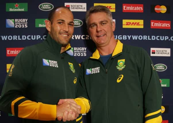 Captain Fourie du Preez and head coach Heyneke Meyer of South Africa in Newcastle yesterday. Picture: Getty Images