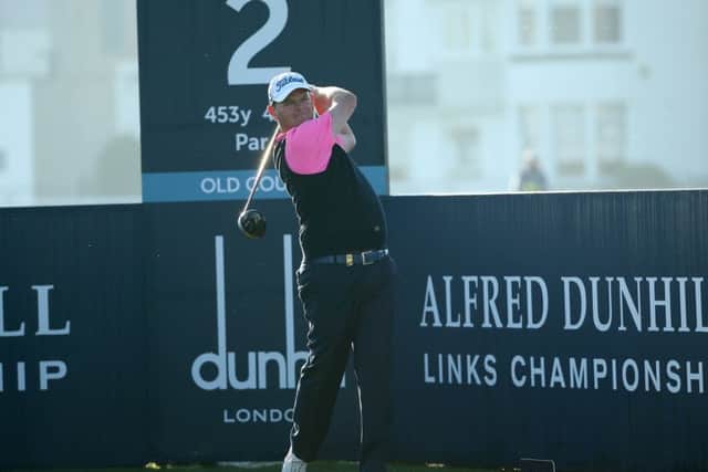 David Drysdale tees off at the second tee on the Old Course at St Andrews yesterday. Picture: Getty Images