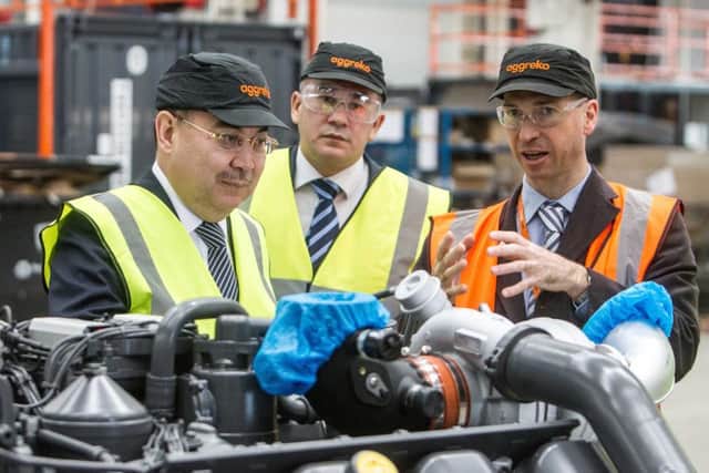 Kazakh ambassador Erzhan Kazykhanov (L) with Jim Kilpatrick, Head of Manufacturing at Aggreko. Picture: Peter Devlin