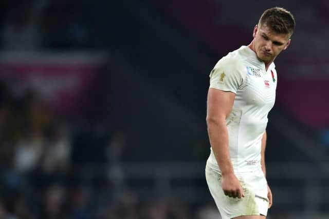 Owen Farrell leaves the pitch after receiving a yellow card in the second half. Picture: Getty