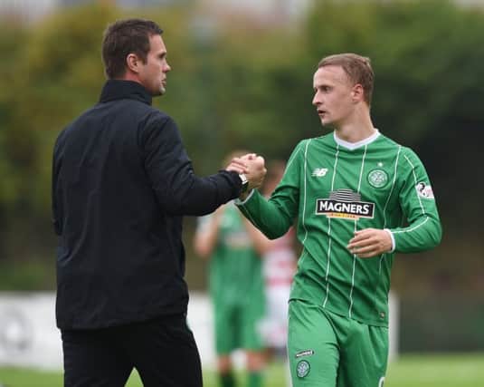 Celtic manager Ronny Deila congratulates Leigh Griffiths after Celtic came from behind to beat Hamilton Accies 2-1. Picture: SNS