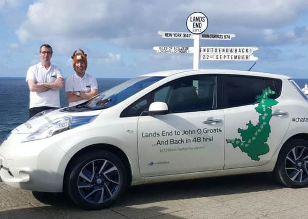 Chris Ramsey and Jonathan Porterfield completed the epic journey from John OGroats to Lands End - and back again - in an all-electric Nissan LEAF
