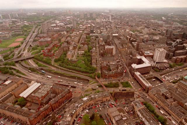 An aerial view of the M8 motorway winding its way through Charing Cross in central Glasgow.