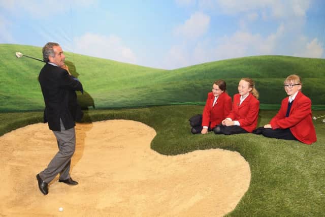 Ryder Cup legend Sam Torrance in the swing at Loretto Schools golf centre. Picture: Gordon Fraser