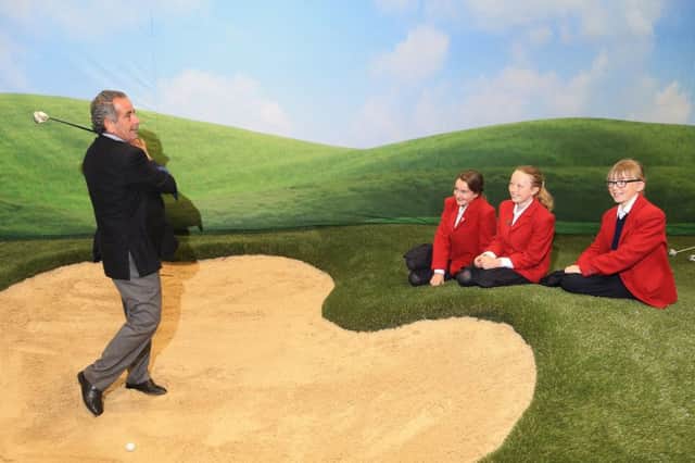 Ryder Cup legend Sam Torrance in the swing at Loretto Schools golf centre. Picture: Gordon Fraser