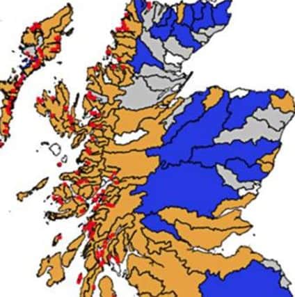 The above map shows that the extent of west Highland rivers where wild salmon populations are in very poor health (denoted in beige) closely matches the extent of the salmon farming industry (the current active industrial salmon farming sites are marked in red), which has long been held to be a primary factor in the decline of wild salmon numbers in western Scotland. Picture: Scottish Government.