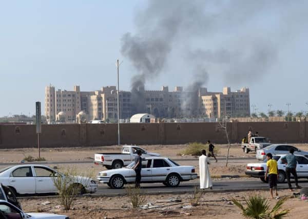 Three rockets hit the compound in which the al-Qasr Hotel sits in the port of Aden, Yemens second city. Picture: AFP/Getty Images