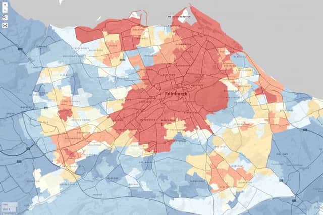 Off licence map of Edinburgh. Red indicates much higher number of offlicences than the Scottish average. Outside of central areas there are high number of off lincenses in deprived areas. Picture: CRESH/Ordanance Survey