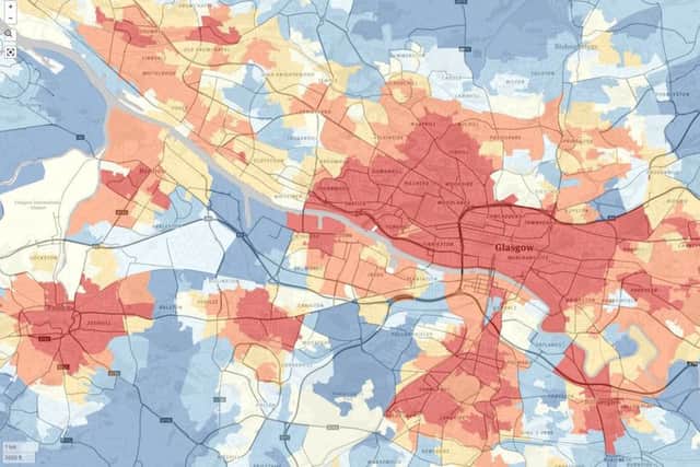 Off licence map of Glasgow. Red indicates much higher number of offlicences than the Scottish average.  Picture: CRESH/Ordanance Survey