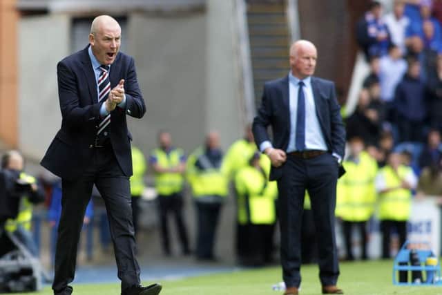 Mark Warburton and Peter Houston at Ibrox. Rangers won 3-1 but Falkirk boss Houston wasn't happy with the referee. Picture: Kirk O'Rourke