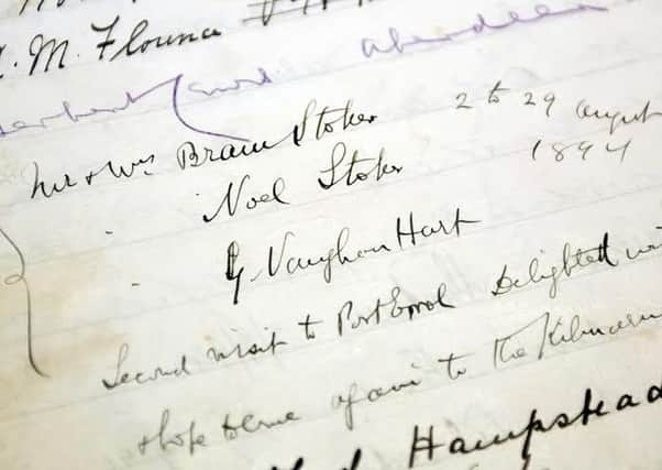 The guestbook entry for Bram Stoker and family at Kilmarnock Arms Hotel, Cruden Bay, in 1894