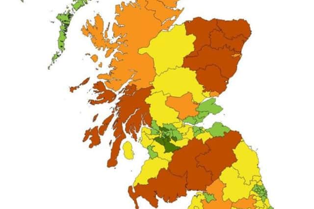Map showing highest risk areas for Scotland. Dark Green= Very Low risk. Yellow= Average. Dark Orange = Very High Picture: PACTS