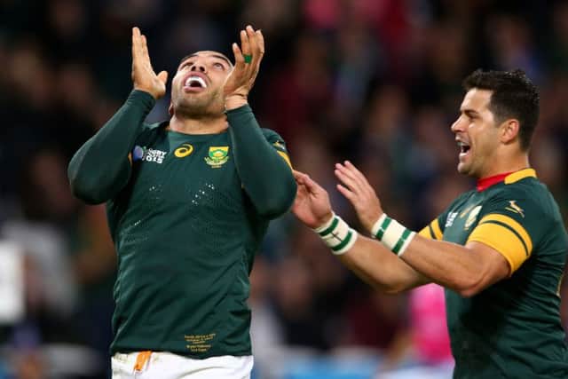 Bryan Habana celebrates the second of his hat-trick of tries. Picture: Getty