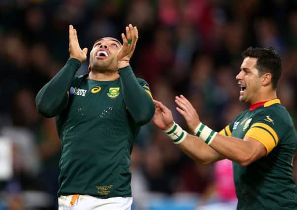 Bryan Habana celebrates the second of his hat-trick of tries. Picture: Getty