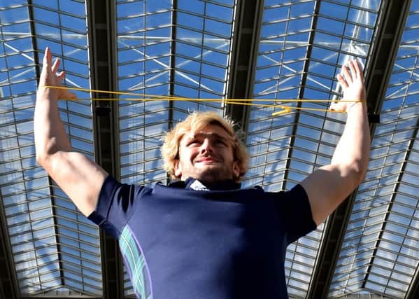Richie Gray at full stretch at St James Park yesterday as he prepares to win his 50th Scotland cap. Picture: PA