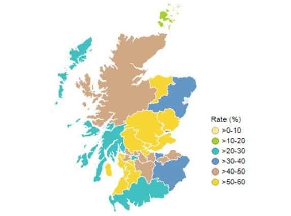 Recycling rates (%) across Scotland by council area in 2014. Map by SEPA.