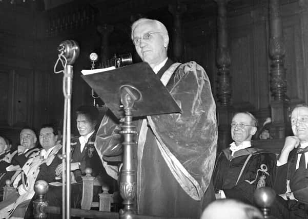 Scottish bacteriologist Sir Alexander Fleming delivering his Rectorial address from the platform of the McEwan Hall, after being installed as Rector of Edinburgh University in 1952.
