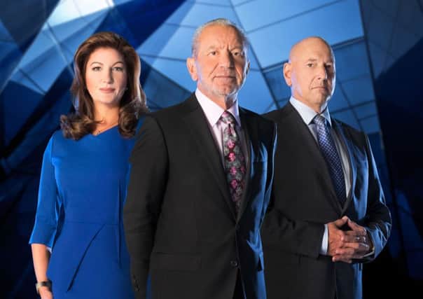 Claude Littner, right, with Karren Brady and Lord Sugar. Picture: PA/BBC