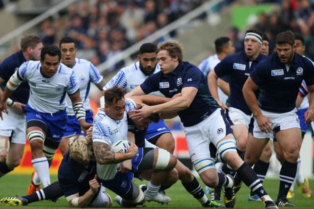 Jonny Gray, pictured in action against Samoa, and team mate Ross Ford could miss this Sundays Rugby World Cup quarter-final against Australia. Picture: Getty