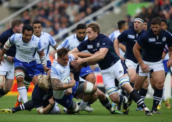 Jonny Gray, pictured in action against Samoa, and team mate Ross Ford could miss this Sundays Rugby World Cup quarter-final against Australia. Picture: Getty