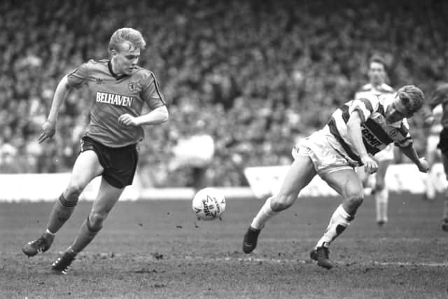 A young Paatelainen takes on Chris Morris during a Celtic v Dundee United match at Parkhead in March 1989. Picture: Stephen Mansfield