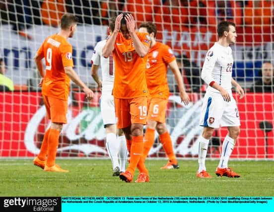 Agony for Robin van Persie of the Netherlands who scored at both ends during the defeat by the Czech Republic in Amsterdam. Picture: Getty