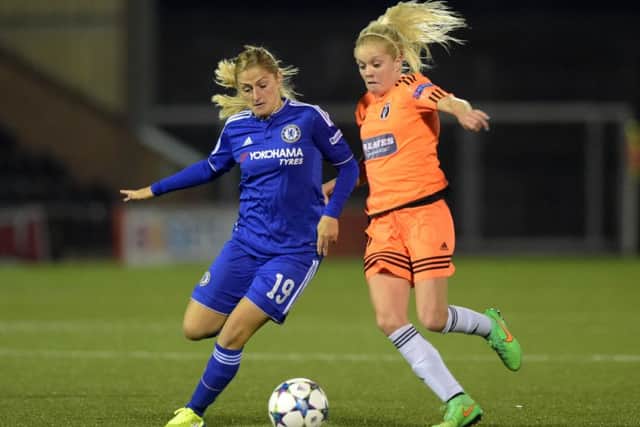 Chelsea's Laura Coombs (left) and Glasgow City's Denise O'Sullivan battle for possession. Picture: SNS