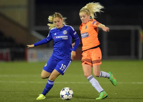 Chelsea's Laura Coombs (left) and Glasgow City's Denise O'Sullivan battle for possession. Picture: SNS