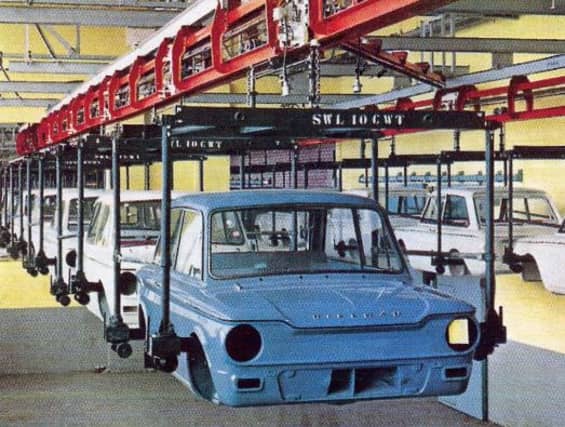 Imp bodies newly painted and glazed on the Pressed Steel conveyor ready to move into the main plant for trimming and the addition of electrical and mechanical elements. Picture: Grampian Transport Museum
