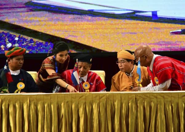 Ethnic leaders prepare to sign the Nationwide Ceasefire Agreement. Picture: AP