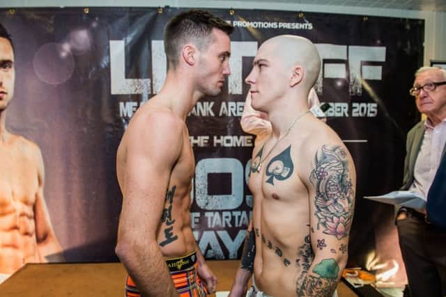 Commonwealth gold medallist Josh Taylor, left, faces up to Hungarian Adam Mate at last nights weigh-in ahead of tonights fight at Meadowbank Arena, Edinburgh. Picture: TSPL