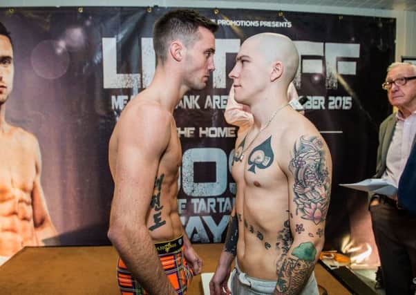 Commonwealth gold medallist Josh Taylor, left, faces up to Hungarian Adam Mate at last nights weigh-in ahead of tonights fight at Meadowbank Arena, Edinburgh. Picture: TSPL
