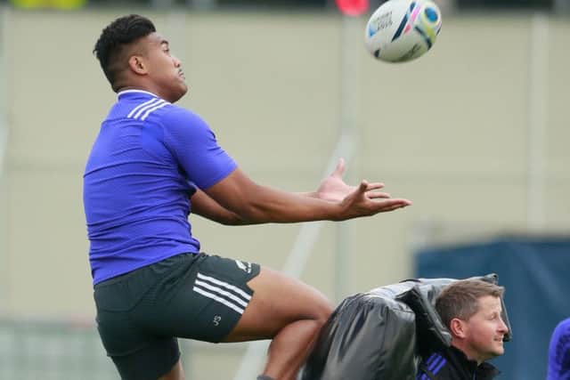 Julian Savea catches a high ball during an All Blacks training session at Swansea University. Picture: Getty
