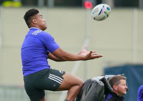 Julian Savea catches a high ball during an All Blacks training session at Swansea University. Picture: Getty