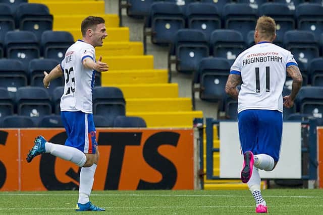 Kilmarnock's Greg Kiltie wheels away to celebrate his goal with team-mate Kallum Higginbotham (11). Picture: SNS