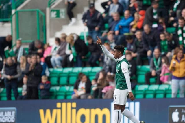Dominique Malonga salutes the Easter Road crowd after opening the scoring. Picture: Toby Williams