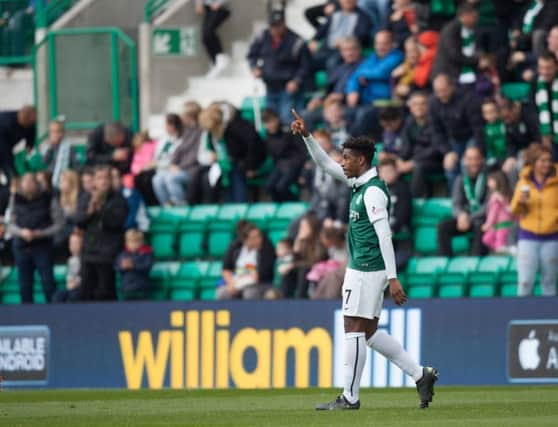 Dominique Malonga salutes the Easter Road crowd after opening the scoring. Picture: Toby Williams