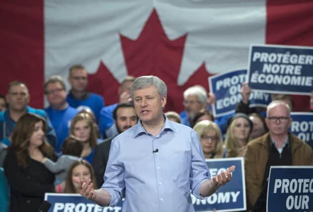 Conservative leader Stephen Harper speaks during a campaign rally in Newmarket, Ontario. Picture: AP