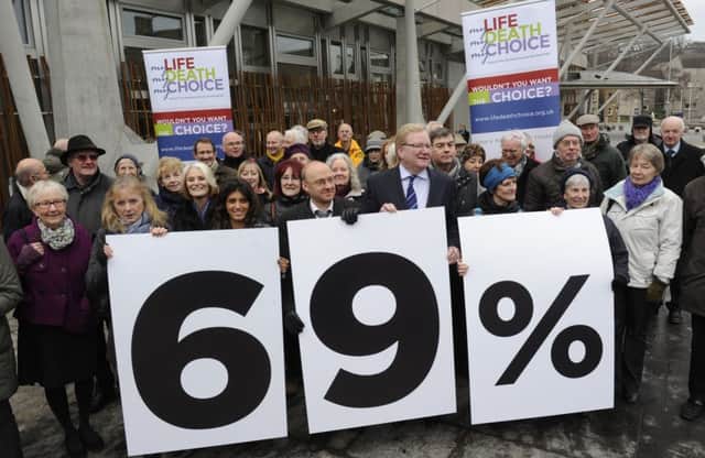 Campaigners for an assisted dying bill, led by the Humanist Society of Scotland and Friends at the End, gather outside the Scottish Parliament to promote the results of an opinion poll which showed support for the proposed law. Picture: TSPL
