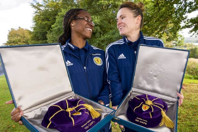 Ifeoma Dieke, left, and Jo Love with their Uefa caps. Picture: SNS