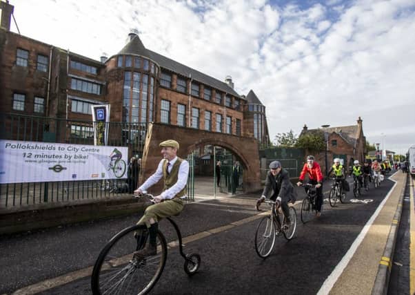 Cyclists can travel from Pollokshields to city centre in 12 minutes...no matter how old the bike. Picture by Martin Shields.