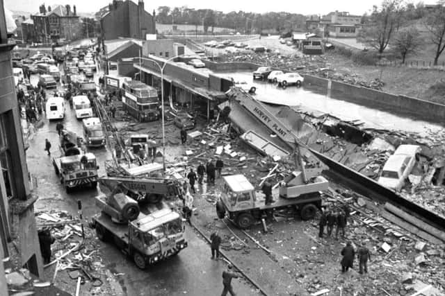 A section of the road at Clarkston Toll in Glasgow, after a faulty gas main exploded killing 22 shoppers and injuring hundreds in October 1971.