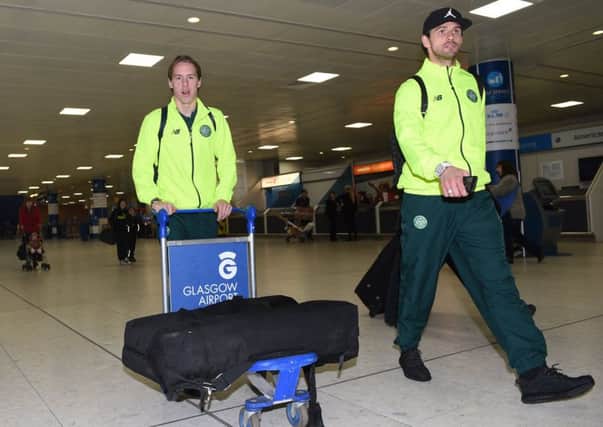 Celtic's Stefan Johansen and Logan Bailly prepare to depart for Molde. Picture: SNS