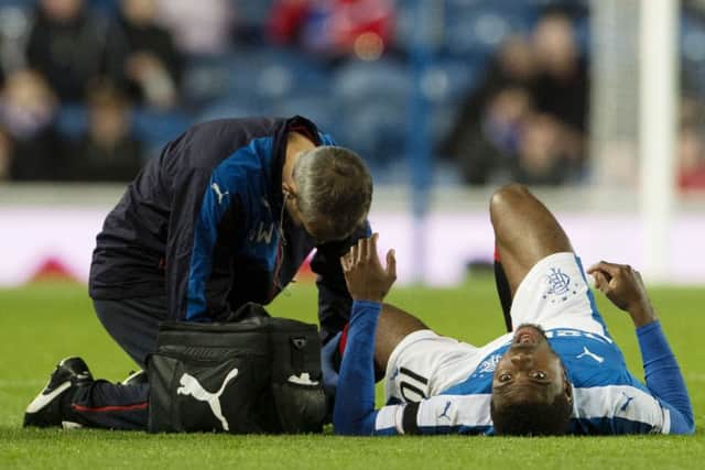 Rangers winger Nathan Oduwa receives treatment. Picture: SNS