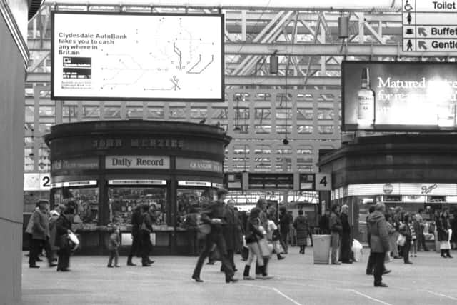 The Victorian kiosk (left) at Glasgow Central railway station was due to be moved to make way for the electronic departures/arrivals board in January 1985.
