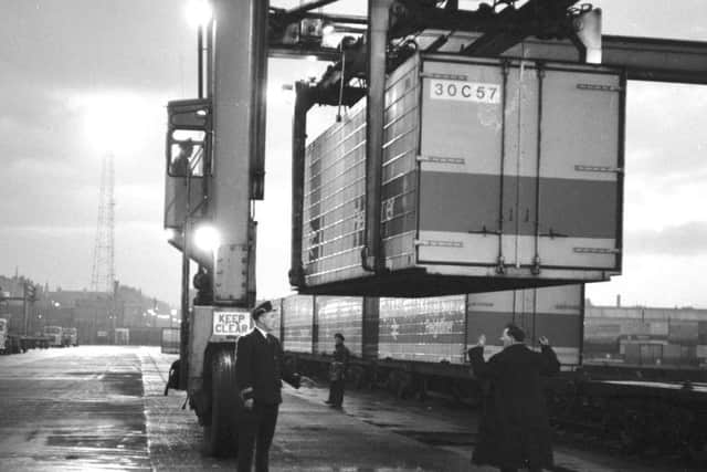A Freightliner container being loaded at Glasgow Central railway station in May 1966